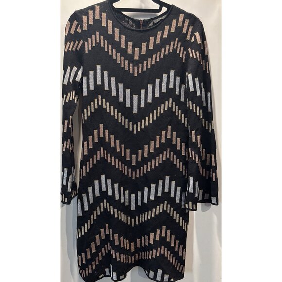 TED BAKER Black Rose Gold Silver Metallic Bell Sleeve Knit Dress Size 2 Sm US - Picture 1 of 9